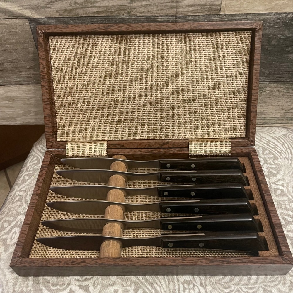 Vintage West Bend Steak Knife Set of 6 Stainless USA Wood Box Mid Century Modern